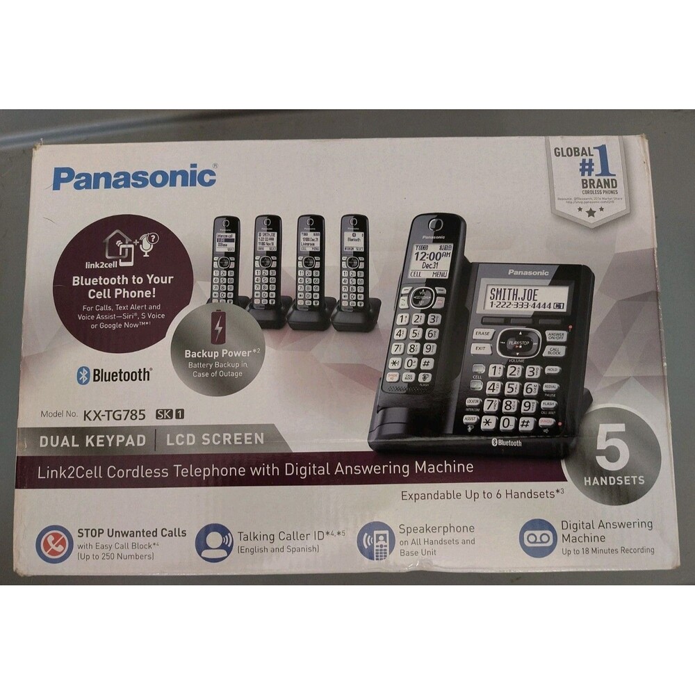 Panasonic KX-TG785SK Link2Cell Bluetooth Cordless Phone System 5 Handsets NEW